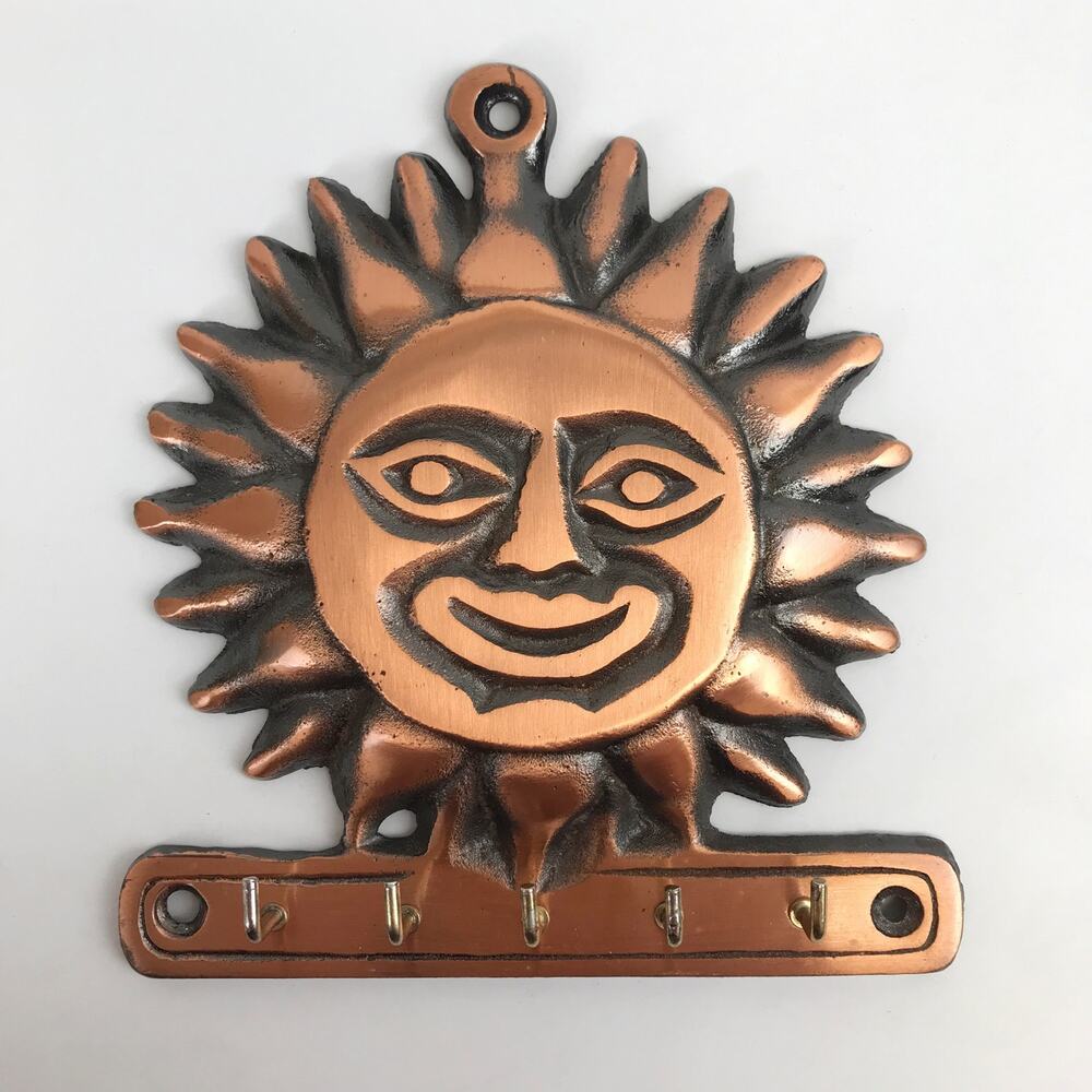Celestial Sun Face 5 Hook Key Rack Vintage 90s Copper Toned Southwest Wall Decor